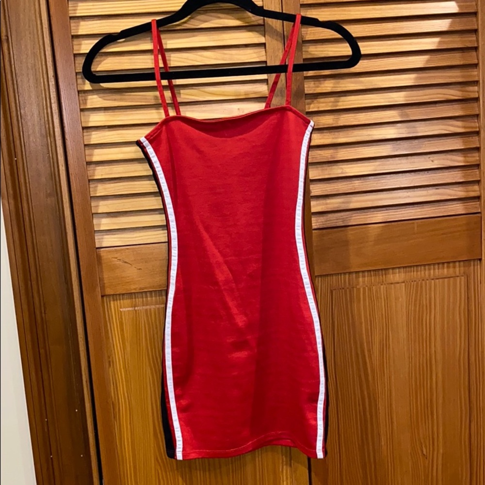 red mini dress with b&w stripe on the side